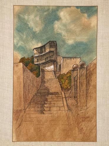 emanuel schary watercolor steps to haifa - german village (1951)