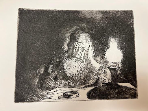 emanuel schary etching the chronicler of time (1971), black and white